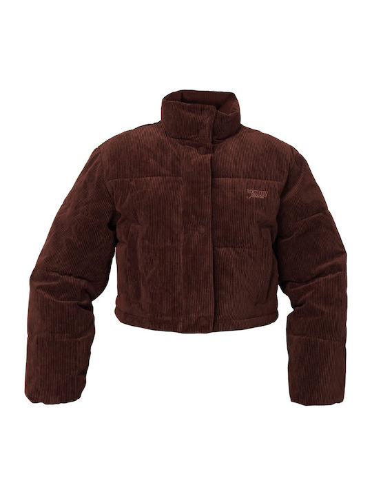 Women's Crop Puffer Jacket for Winter Brown