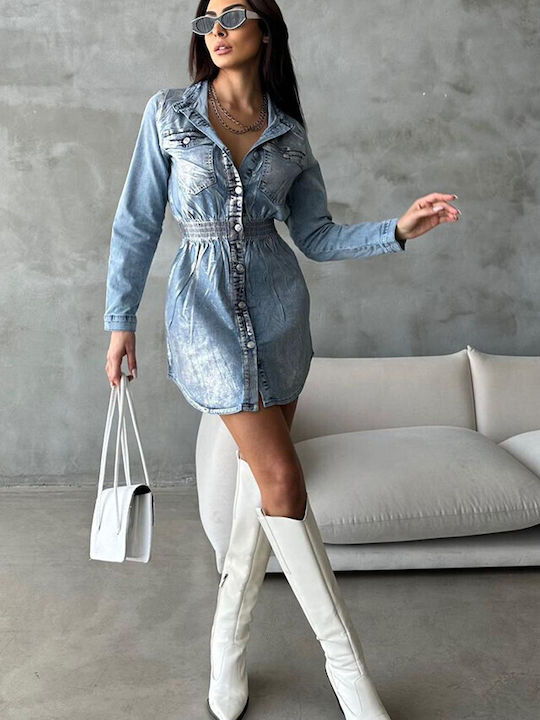 Rochie-Cămașă Mini Din Denim