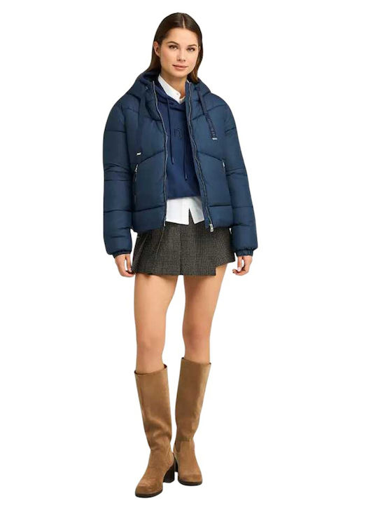 Women's Crop Puffer Jacket for Winter with Hood Navy Blue
