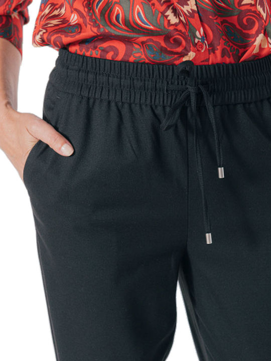 Damen Hoch tailliert Stoff Hose mit Gummizug Black