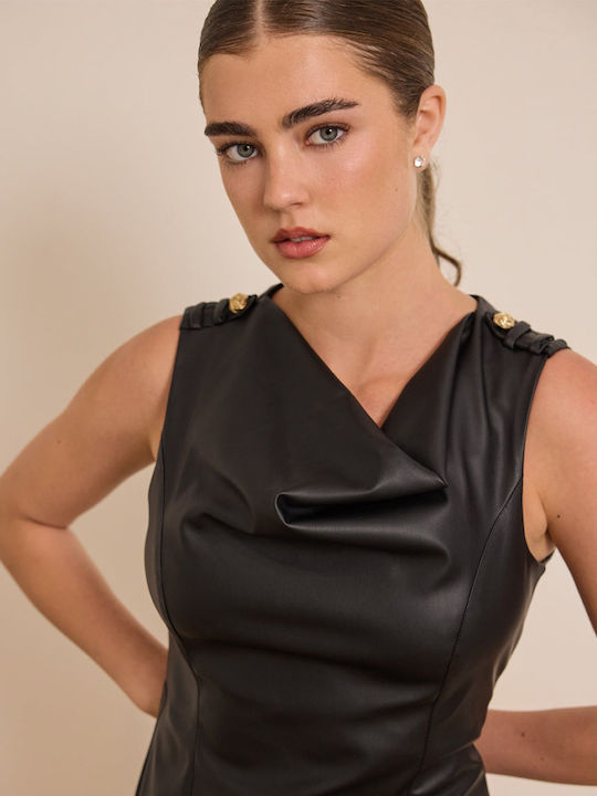 Noki Midi Evening Leather Drape Black Dress