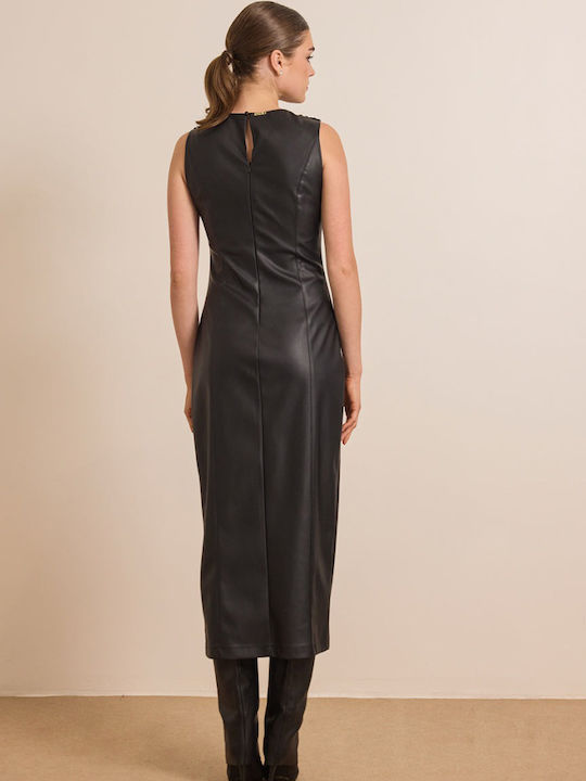 Noki Midi Evening Leather Drape Black Dress