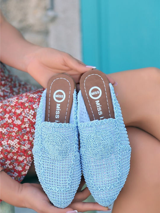 Leder Mules mit Absatz in Hellblau Farbe