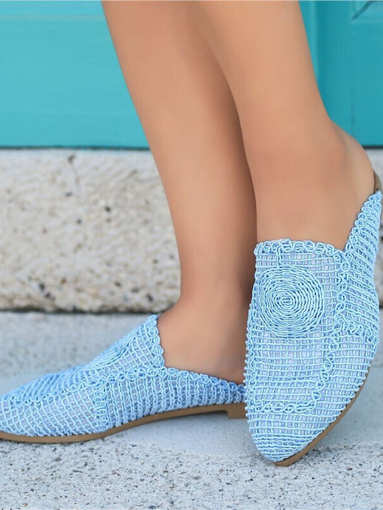 Leder Mules mit Absatz in Hellblau Farbe
