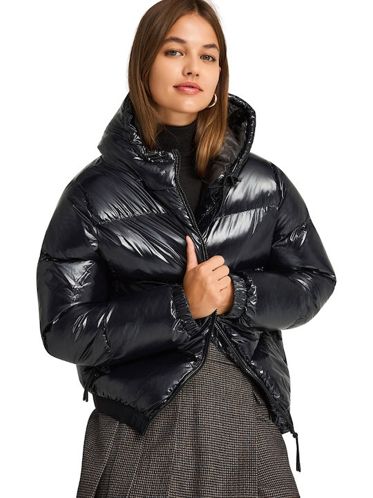 Women's Puffer Jacket for Winter with Hood Black