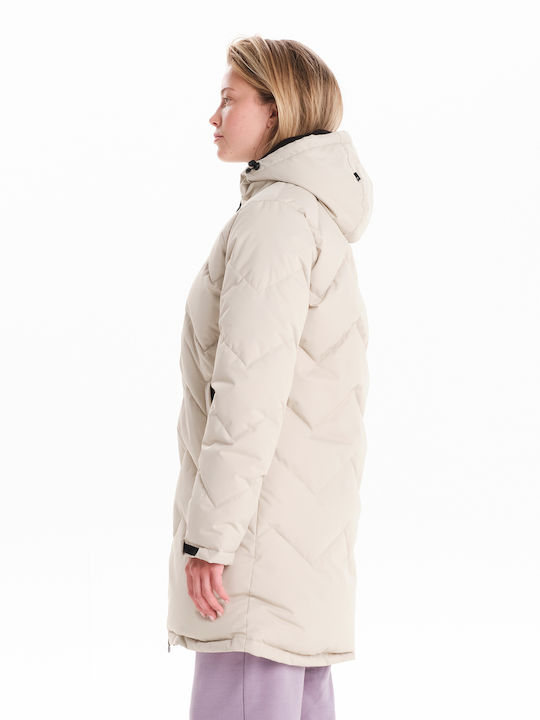 Women's Long Puffer Jacket Waterproof and Windproof for Winter with Hood Ecru