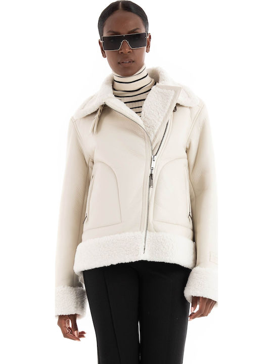 Women's Short Biker Artificial Leather Jacket for Winter White
