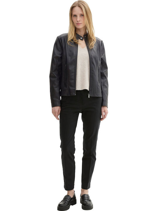 Women's Short Biker Artificial Leather Jacket for Winter Black