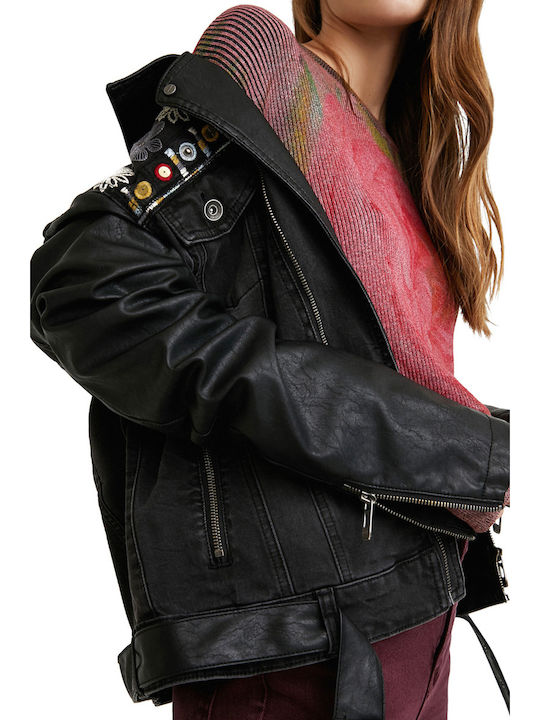 Merx Women's Short Biker Leather Jacket for Winter Black