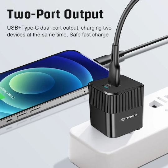 Techsuit Charger Without Cable GaN with USB-A Port and USB-C Port 25W Power Delivery / Quick Charge 3.0 Whites (CHPD216)