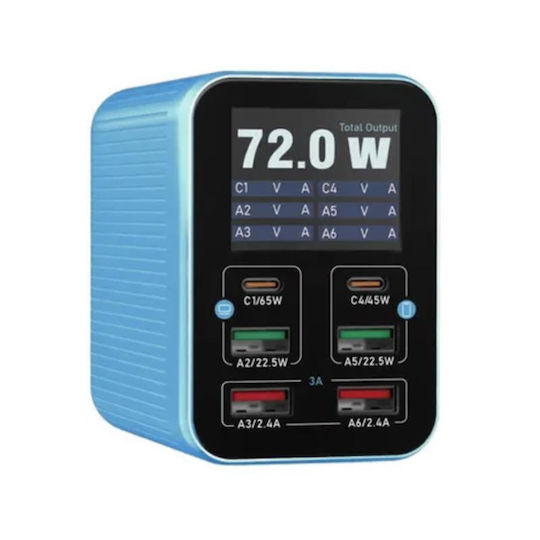 Relife с 4 USB-A порта и 2 USB-C порта 72W Power Delivery / Quick Charge 3.0 Син (Q4)