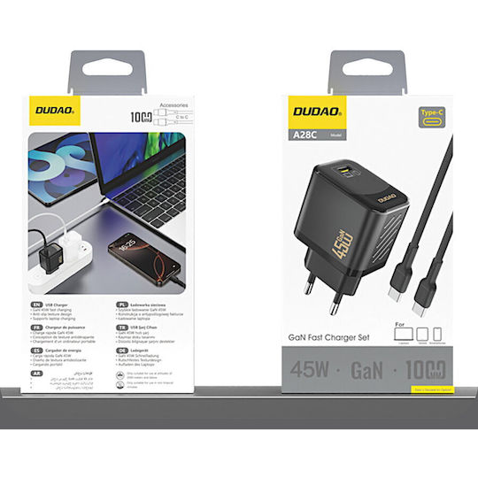 Dudao Φορτιστής GaN με Θύρα USB-C και Καλώδιο USB-C - USB-C 45W Power Delivery Μαύρος (A28C)
