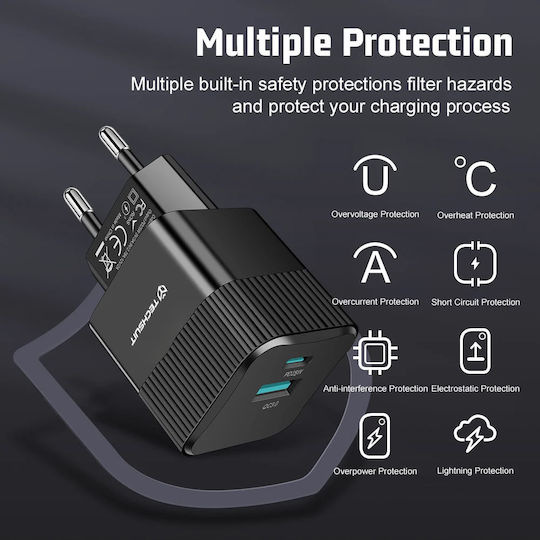 Techsuit Charger Without Cable GaN with USB-A Port and USB-C Port 25W Power Delivery / Quick Charge 3.0 Whites (CHPD216)