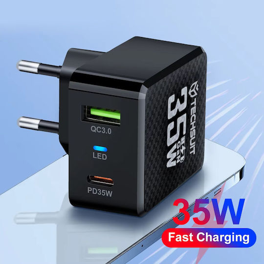 Techsuit Charger with Built-in Cable GaN with USB-A Port and USB-C Port 35W Power Delivery / Quick Charge 3.0 Whites (CHPD173)