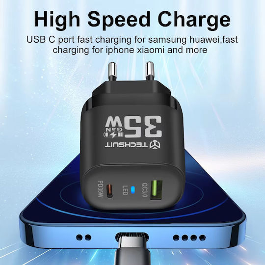 Techsuit Charger Without Cable GaN with USB-A Port and USB-C Port 35W Power Delivery / Quick Charge 3.0 Whites (CHPD174)