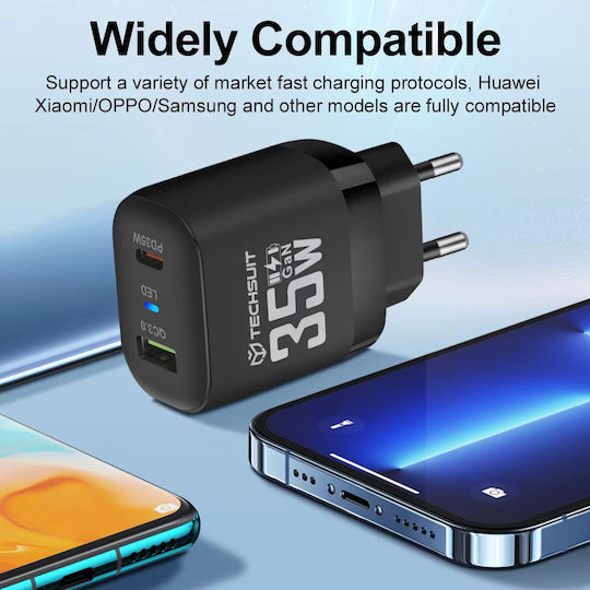 Techsuit Charger Without Cable GaN with USB-A Port and USB-C Port 35W Power Delivery / Quick Charge 3.0 Whites (CHPD174)