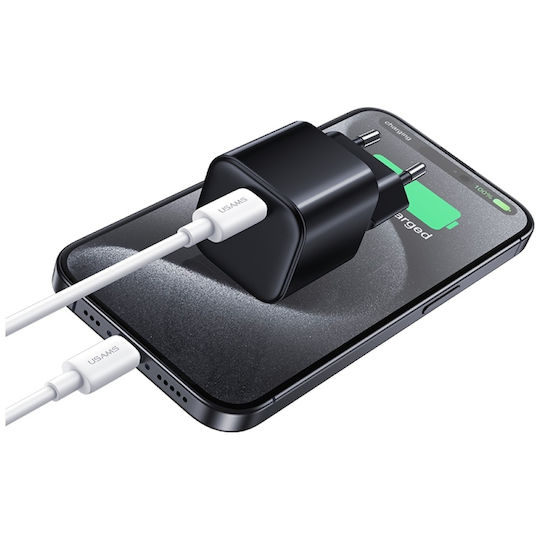 Usams Charger GaN with USB-C Port and Cable USB-C - Lightning 30W Power Delivery Whites (CC262)