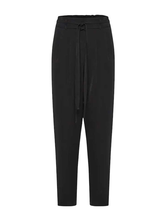 Damen Hoch tailliert Stoff Hose mit Gummizug Schwarz