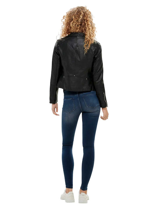 Women's Short Biker Artificial Leather Jacket for Winter Black