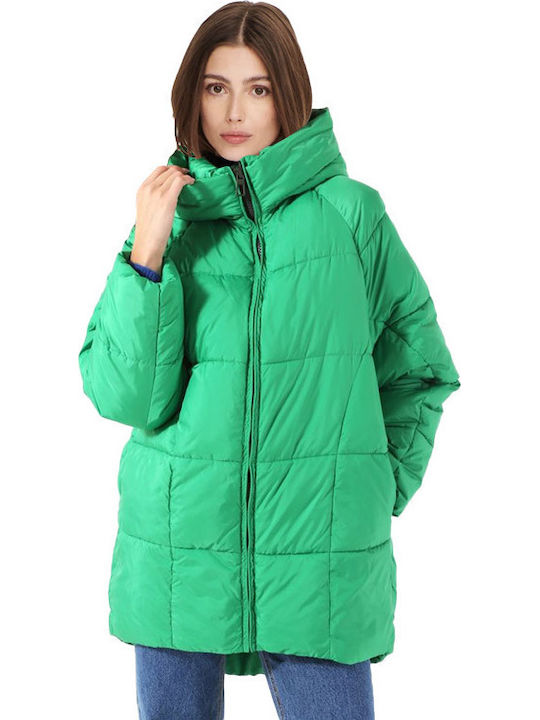 Women's Short Puffer Jacket for Winter Green