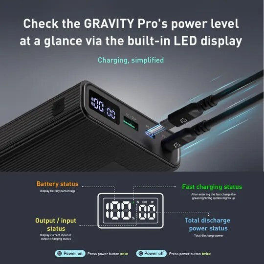 Adam Gravity Pro Power Bank 20000mAh 100W with USB-A Port and 2 USB-C Ports Black