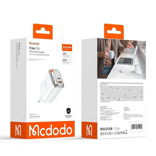 Mcdodo Charger GaN with USB-A Port and USB-C Port and Cable USB-C 67W Power Delivery Whites (FreeGo CH-4103)
