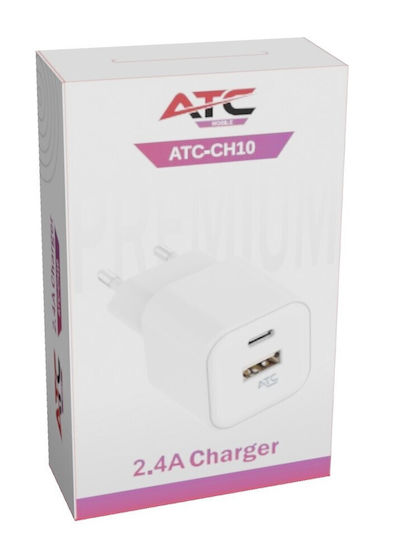 ATC Ladegerät ohne Kabel mit USB-A Anschluss und USB-C Anschluss 12W Stromlieferung Weißs (ATC-CH10)