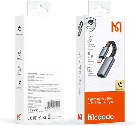 Mcdodo Audio Converter Lightning male to USB-C female Gray 1pcs