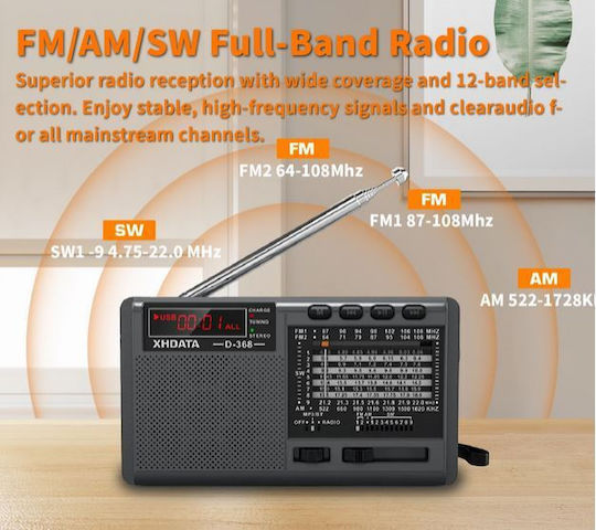 Xhdata D-368 Tragbares Radio mit Bluetooth und USB Schwarz
