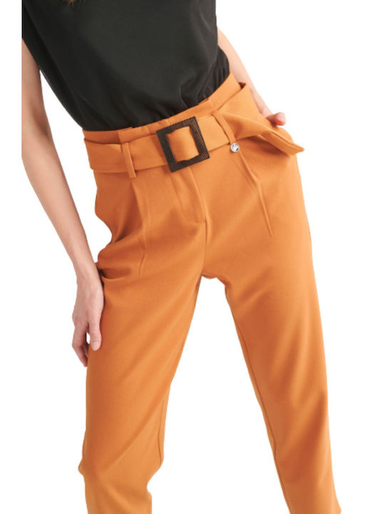 Women's High-waisted Fabric Trousers Burnt Yellow