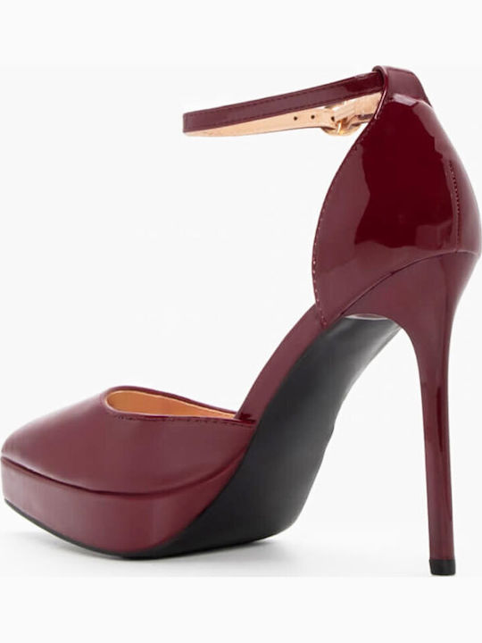 Patent Leather Pointed Toe Stiletto Burgundy High Heels with Strap