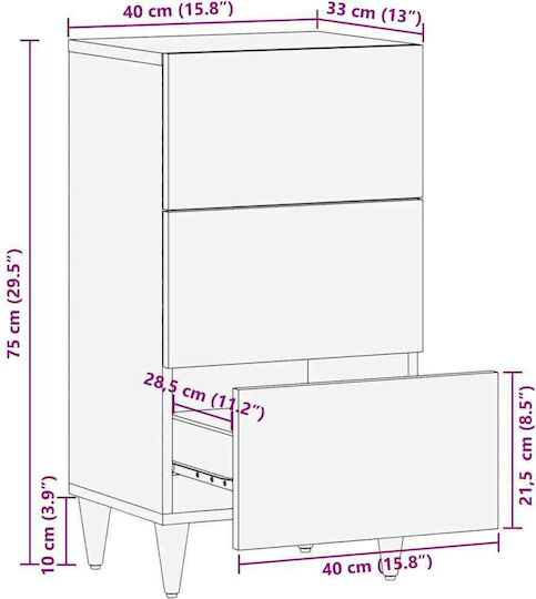 Chest of Drawers of Solid Wood Black Velvet-Black Metal 40x33x75cm