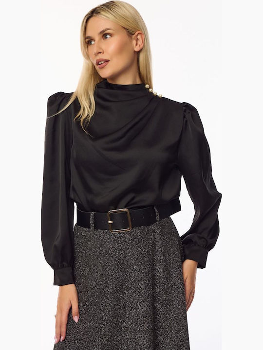 Damen Satin Bluse Langärmelig Black
