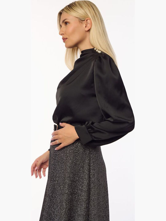 Damen Satin Bluse Langärmelig Black