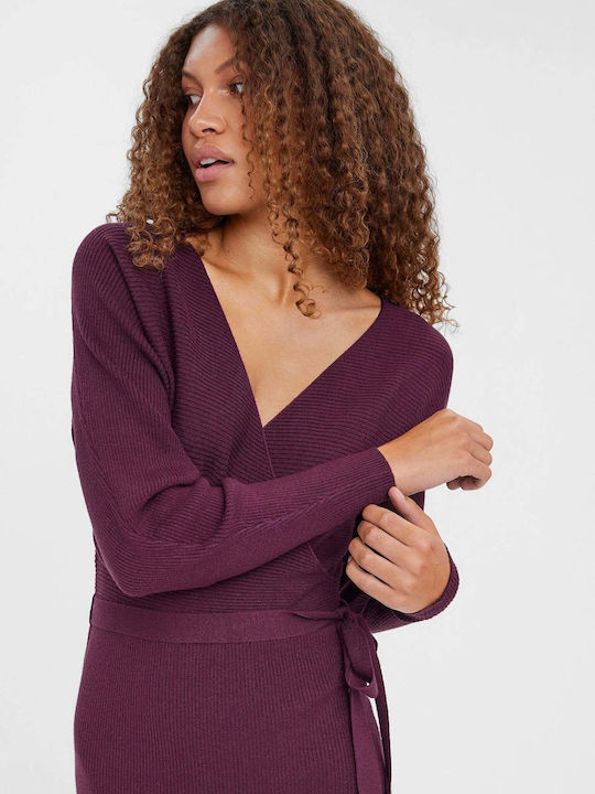 Mini Dress Long Sleeve Knitted Wrap Burgundy