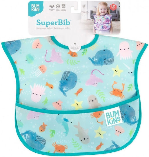 Bumkins Ocean Life Αδιάβροχη Σαλιάρα Υφασμάτινη με Αυτοκόλλητο & Τσέπη Γαλάζια για 6 m+