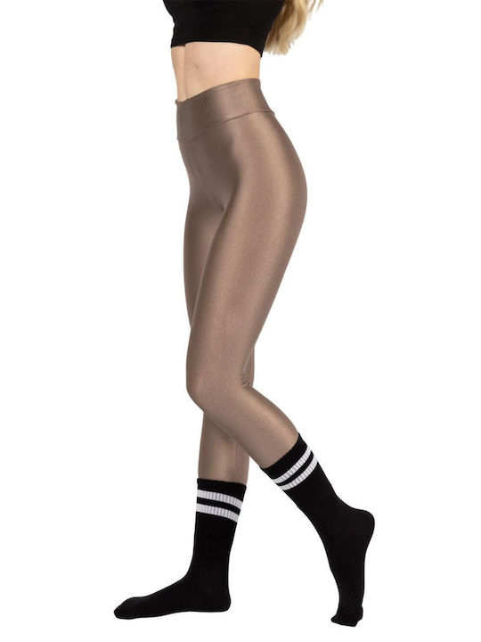 Training Γυναικείο Cropped Κολάν Γυαλιστερό & Ψηλόμεσο Beige