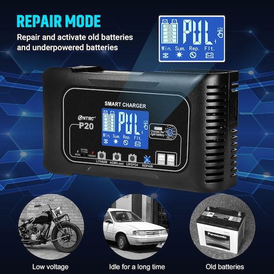 Htrc P20 Battery Charger Lithium Lifepo4 Agm Gel Lead-acid Output 12v/20a 24v/10a Floating Battery Repair Function
