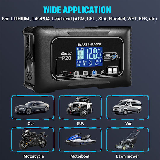 Htrc P20 Battery Charger Lithium Lifepo4 Agm Gel Lead-acid Output 12v/20a 24v/10a Floating Battery Repair Function