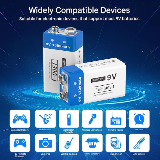 Set 4 Baterii Reîncărcabile Usb-c 9v 1300 Mah Mărime Standard Detectoare de Fum Microfoane Wireless Dispozitive Iluminat Led Mai Multe