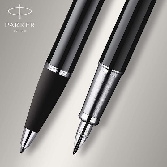 Parker IM Duo Pen Set Ballpoint Medium with Fountain Pen Medium made of Steel Laque Black CT in a case