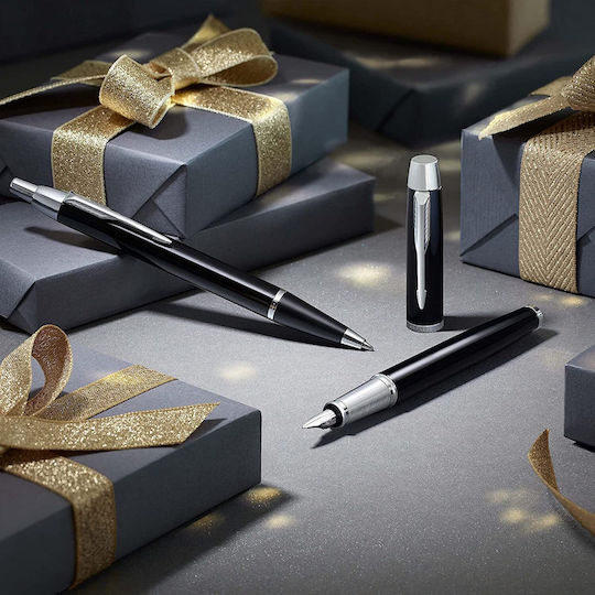 Parker IM Duo Pen Set Ballpoint Medium with Fountain Pen Medium made of Steel Laque Black CT in a case