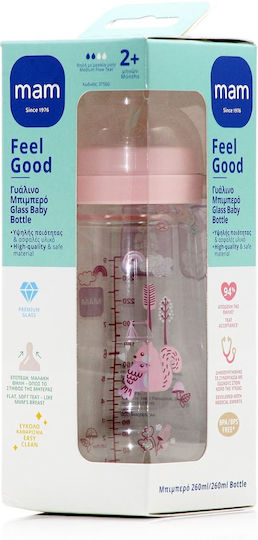 Mam Glass Baby Bottle Anti-Colic with Silicone Nipple for 2+ months Pink Pink Squirrel 260ml
