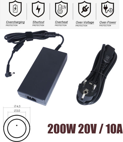 Φορτιστής Laptop 200W 20V 10A για MSI με Αποσπώμενο Καλώδιο Τροφοδοσίας