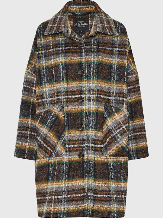 Wool Women's Checked Brown Coat Oversized with Buttons