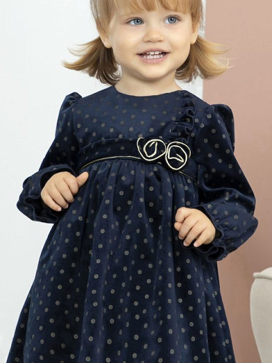 Mädchenkleid Langärmeliges Samt Polka Dot Set aus 2 mit Zubehör Marineblau