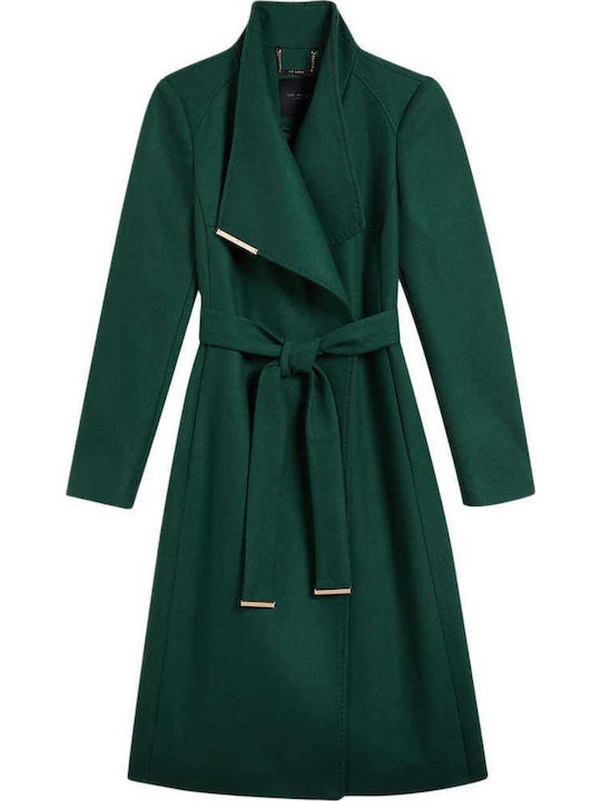 Din lână Femeie Dark Green Palton cu Curea
