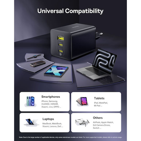 Baseus Φορτιστής Χωρίς Καλώδιο GaN με Θύρα USB-A και 2 Θύρες USB-C 100W Power Delivery / Quick Charge 3.0 Μαύρος (EnerFill FE11)