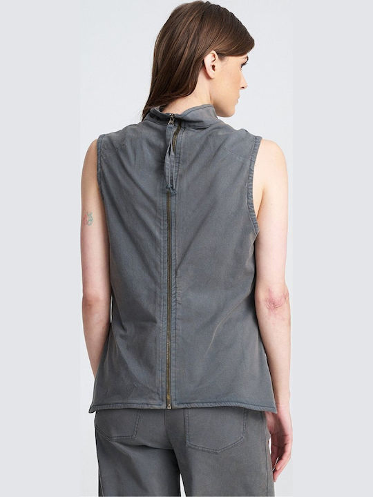 Women's Blouse Cotton Sleeveless with Zipper Grey