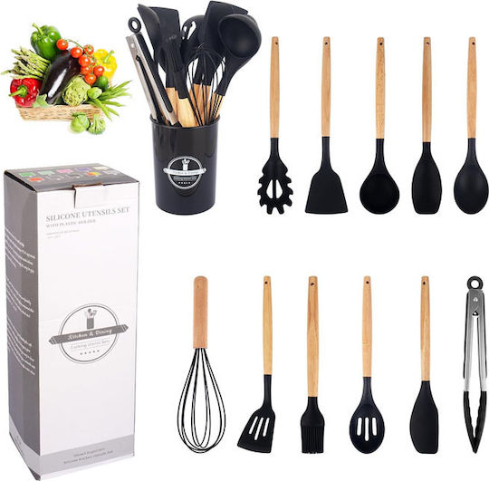 Silicone Cooking Utensil Set with Base Black 12pcs